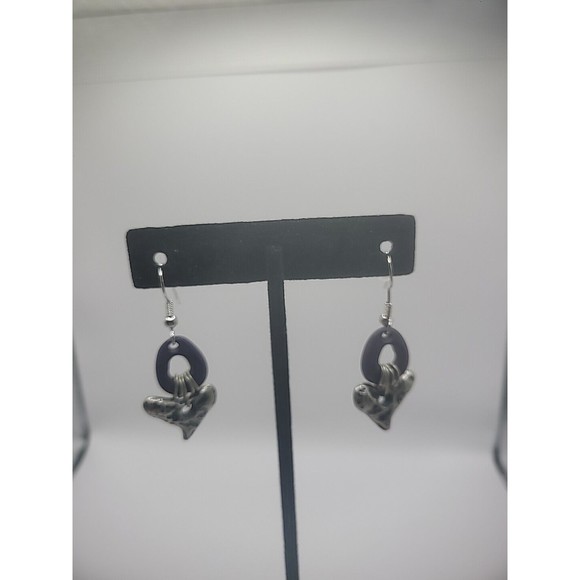 Vintage Silver Tone Drop Dangle Purple Hoop Pierced Womens Jewelry Costume - Picture 11 of 12